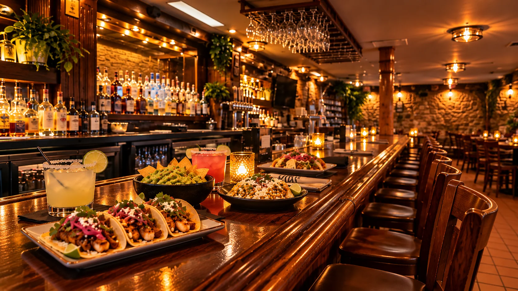 Vibrant Mexican tacos with cocktails in a stylish bar setting