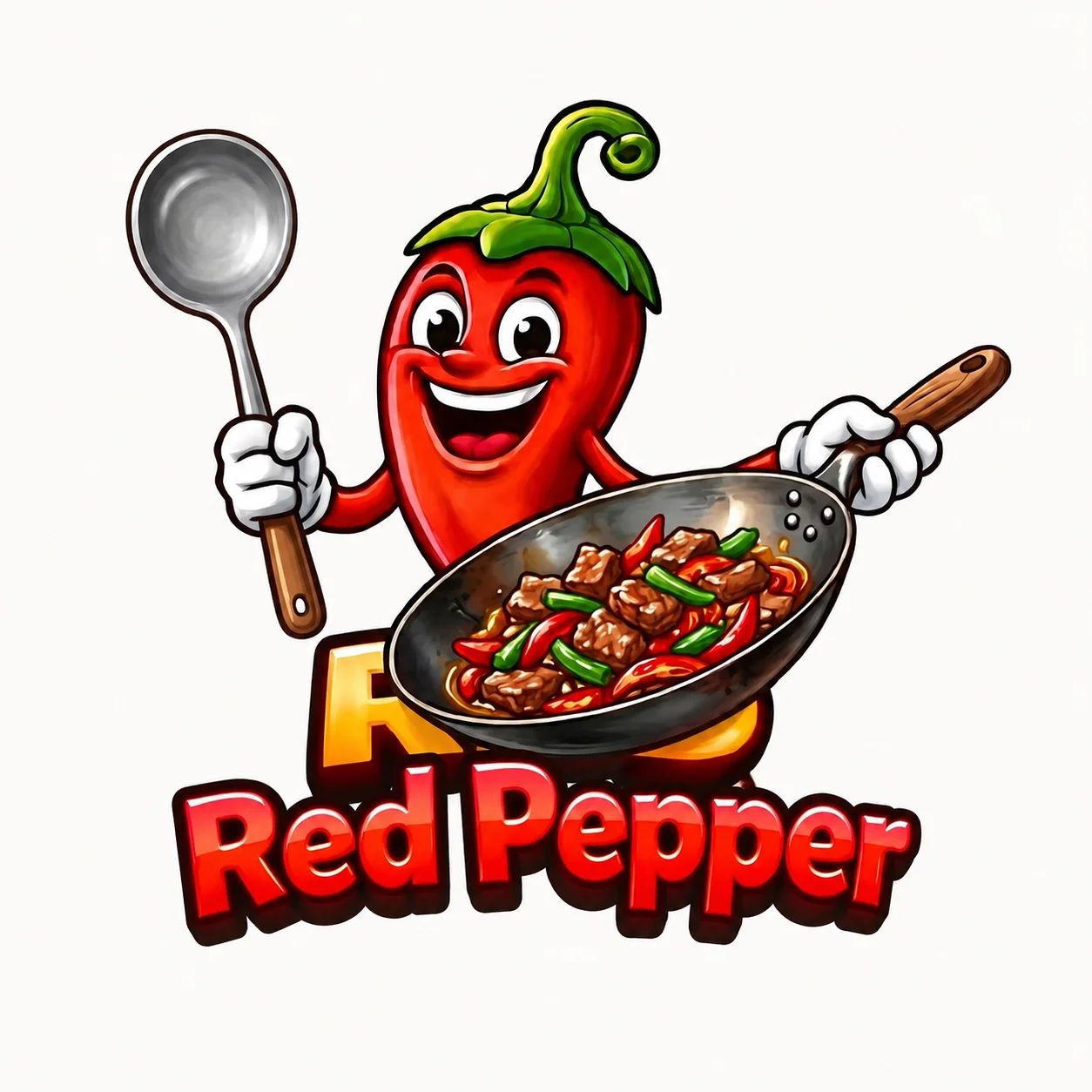A cartoon red pepper character holding a frying pan filled with sautéed vegetables and meat, with the text 'Red Pepper' prominently displayed.