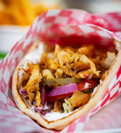 Delicious chicken shawarma wrap with fresh vegetables