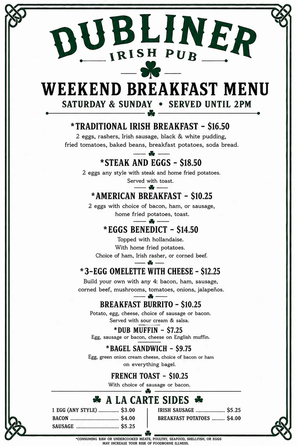 Irish breakfast menu featuring traditional dishes and prices