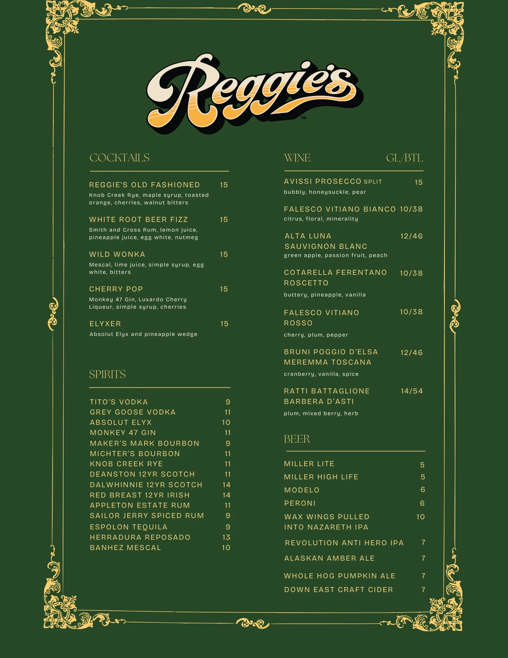 Reggies Menu Menu