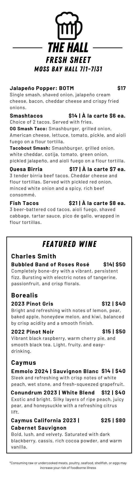 Menu highlights for April featuring various dishes and specials.