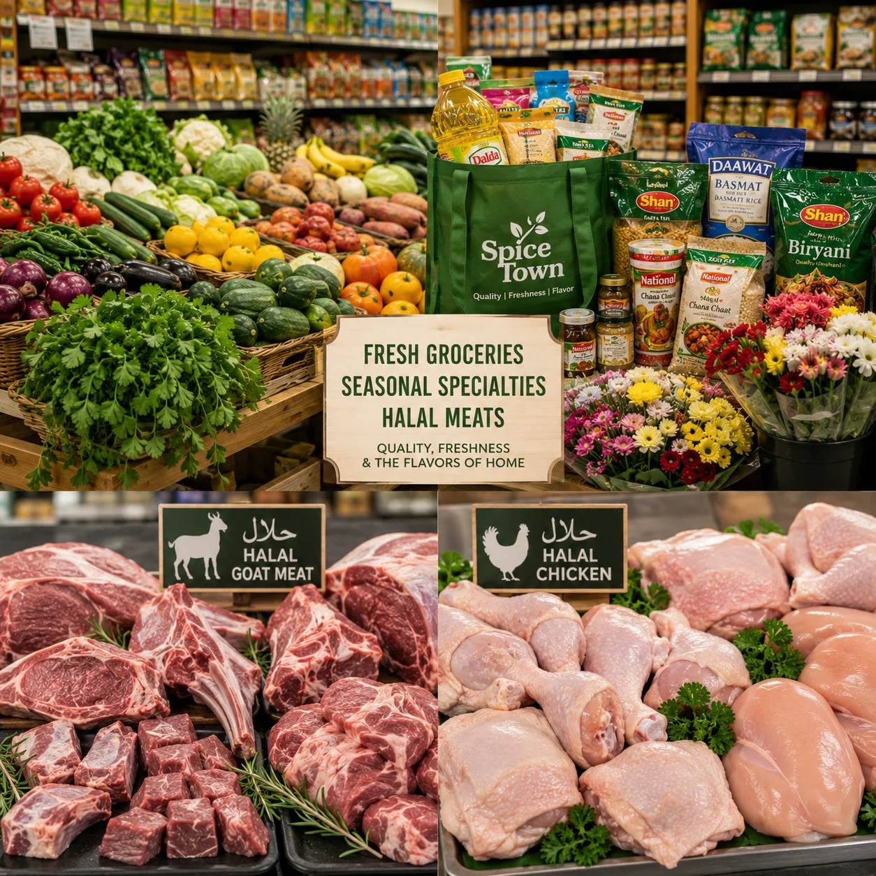 Fresh halal meats and groceries at a vibrant market