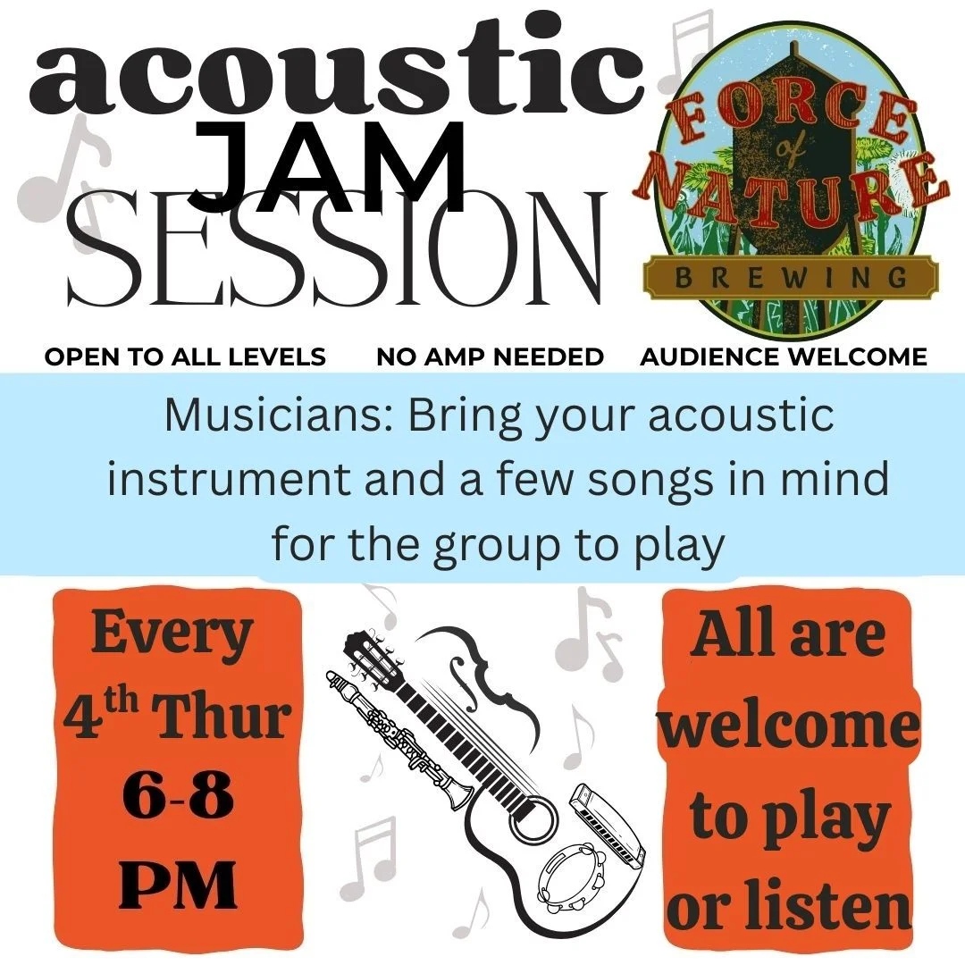 Acoustic jam session event poster with musical instruments and event details