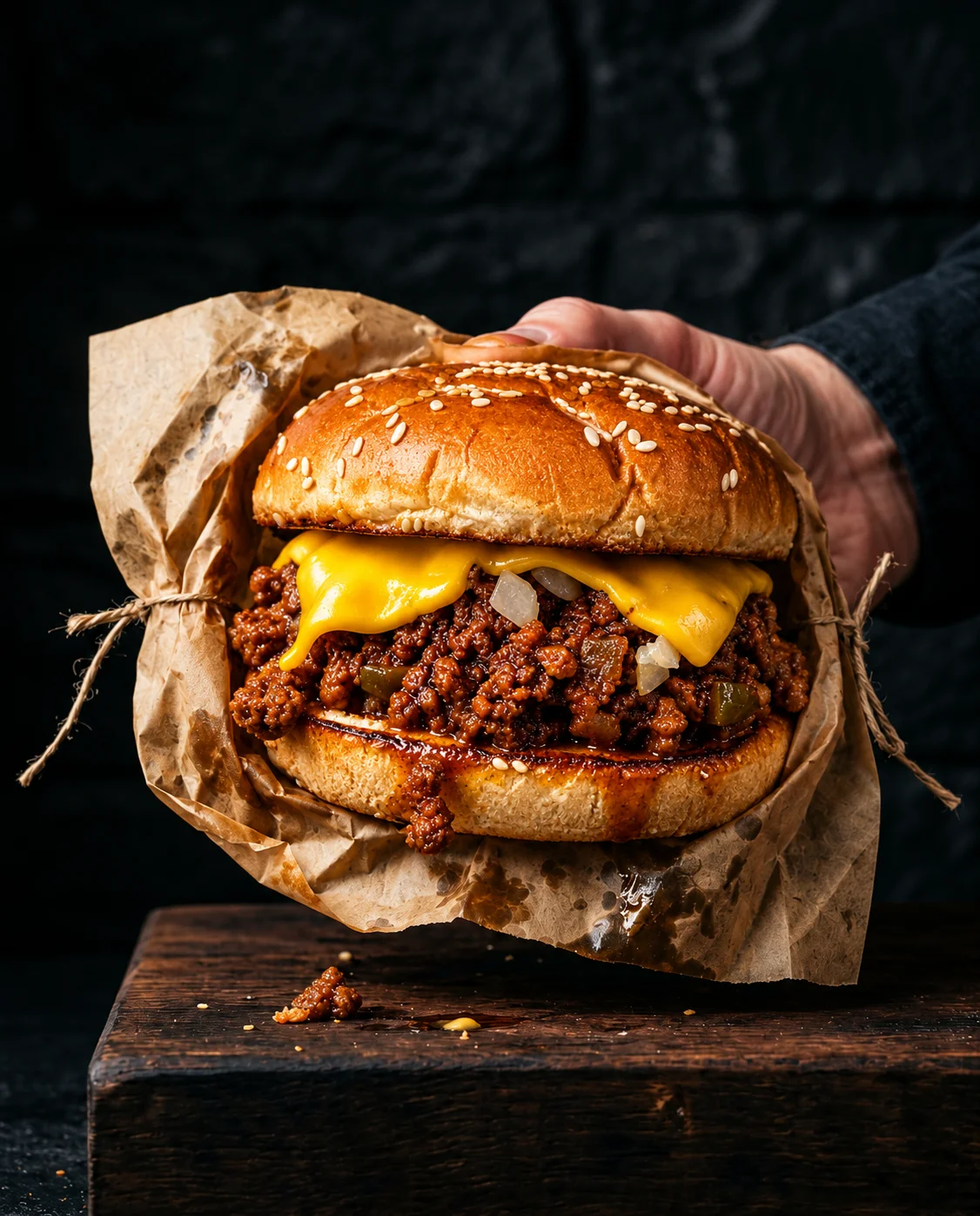 Gourmet sloppy joe burger with melted cheddar and sesame bun