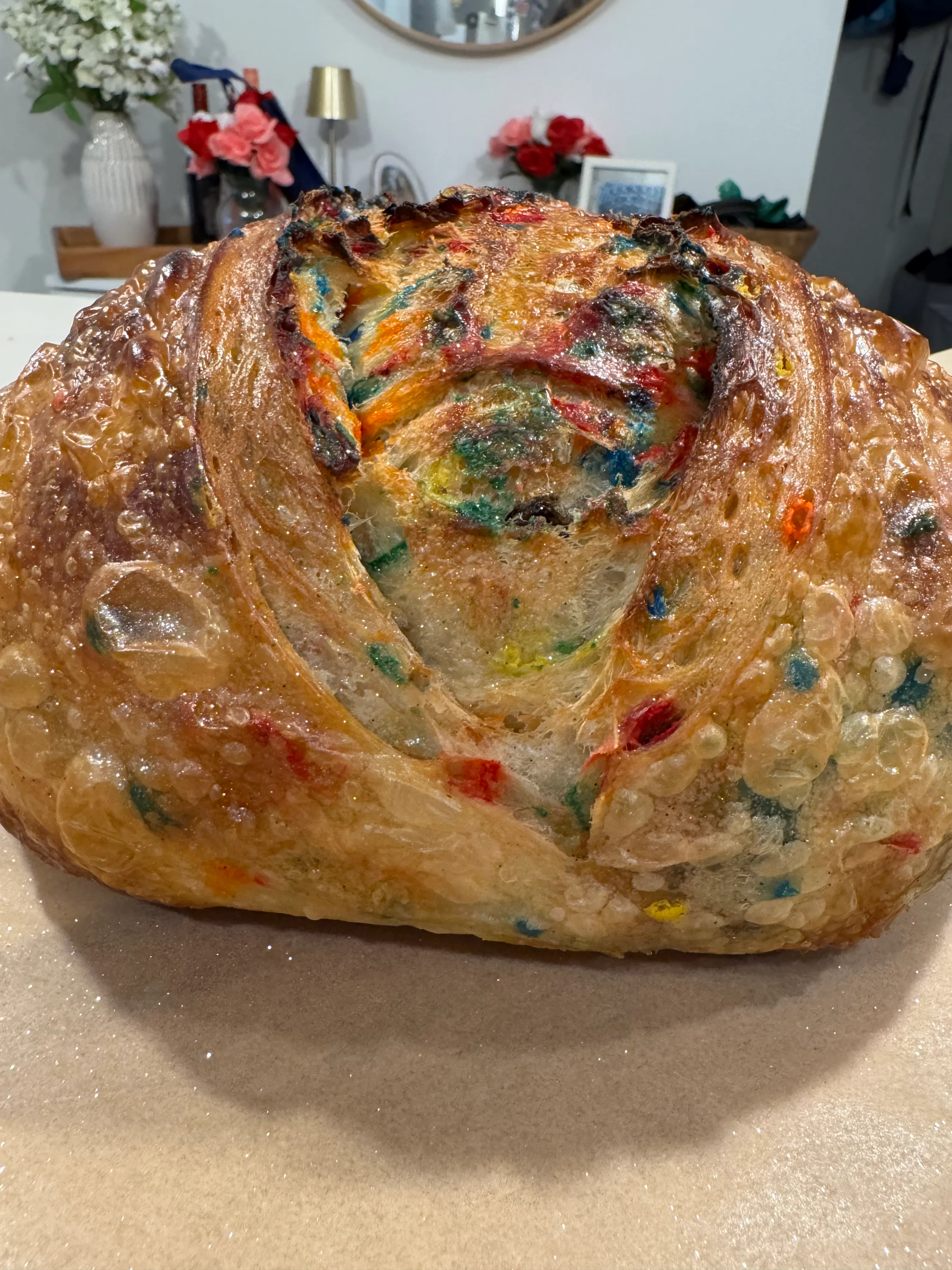 Colorful funfetti bread loaf with a crispy crust