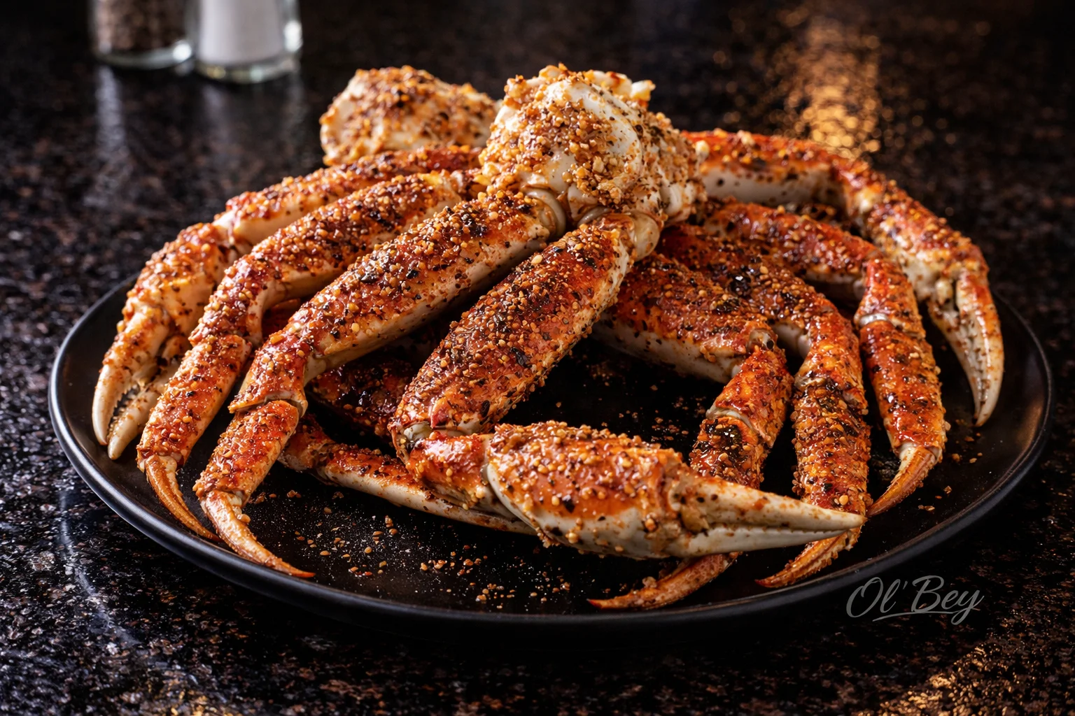 A variety of crabs on a plate, seasoned and ready to be enjoyed, highlighting their flavorful appearance.