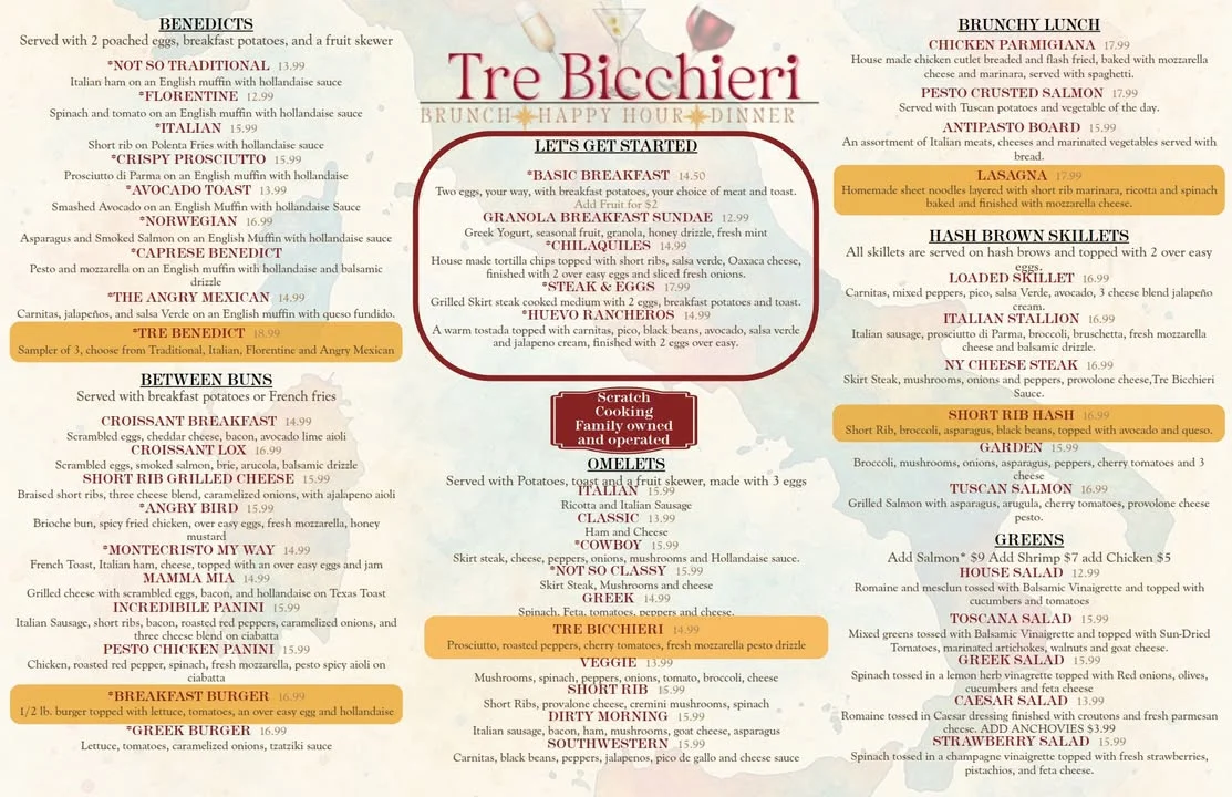 Brunch menu featuring Italian-inspired dishes and breakfast options
