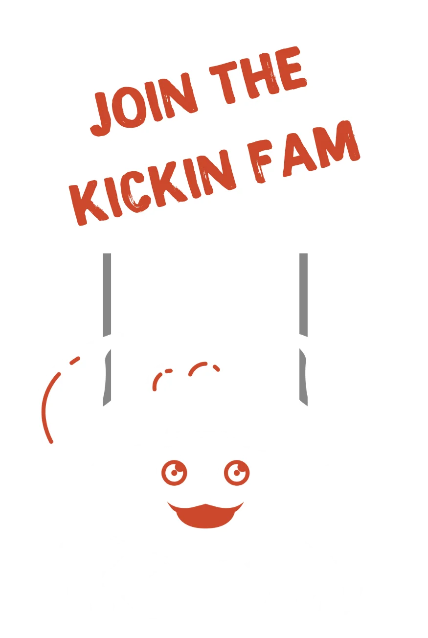 Cartoon crab holding a sign inviting to join the Kickin Fam