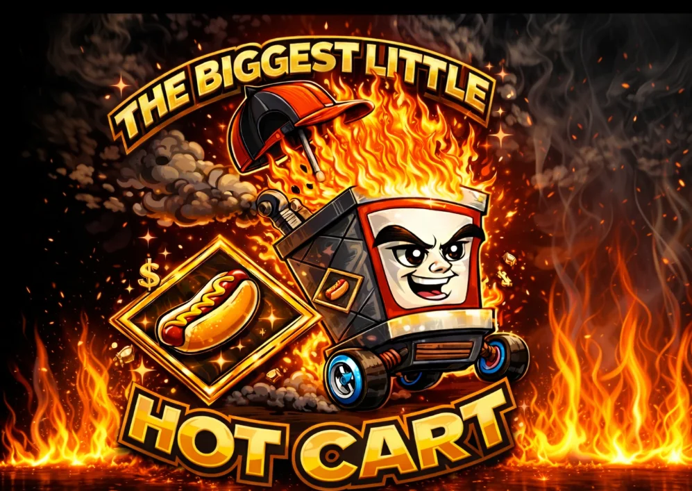 A dynamic logo featuring a hot food cart engulfed in flames, showcasing its energetic branding.