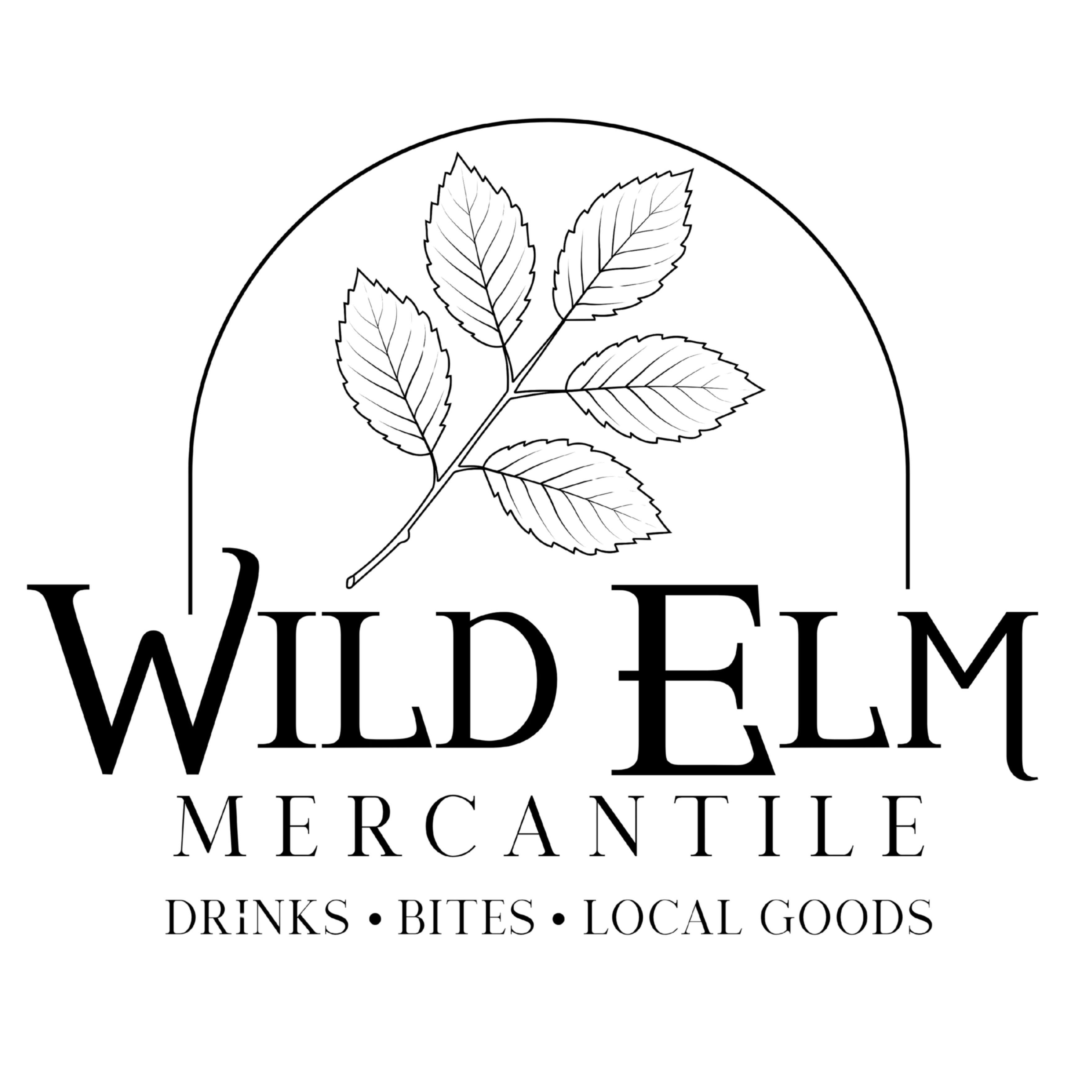 A logo featuring a stylized leaf design above the text 'Wild Elm Mercantile', with the words 'Drinks, Bites, Local Goods' beneath.