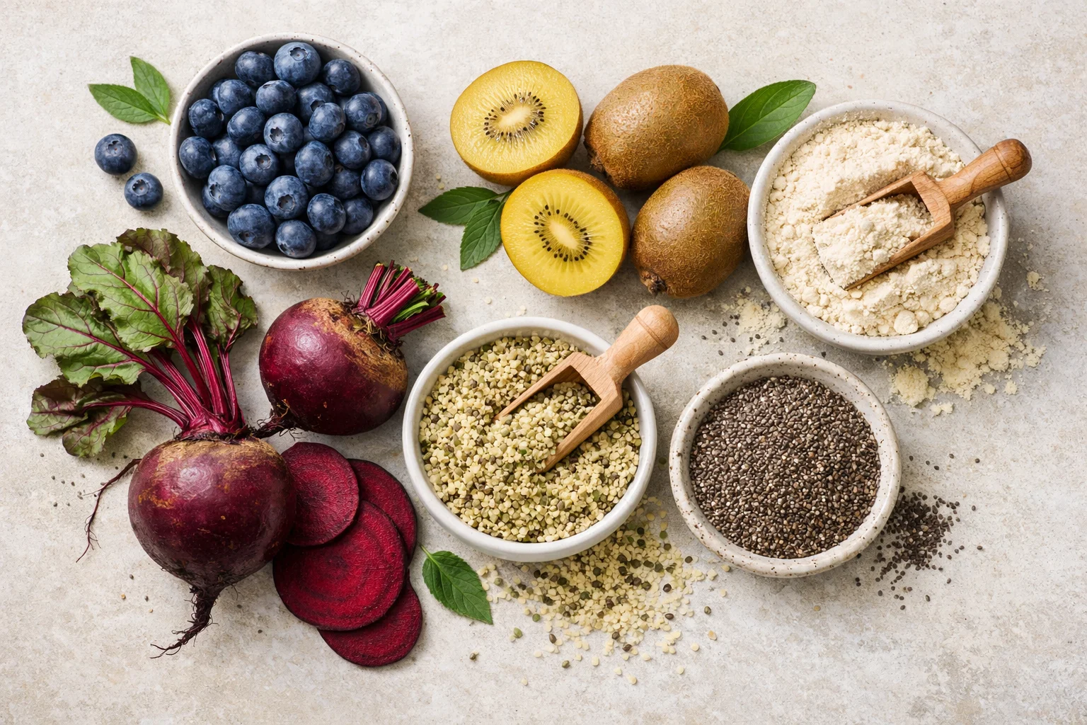 Colorful assortment of superfoods in a bowl, showcasing healthy ingredients.