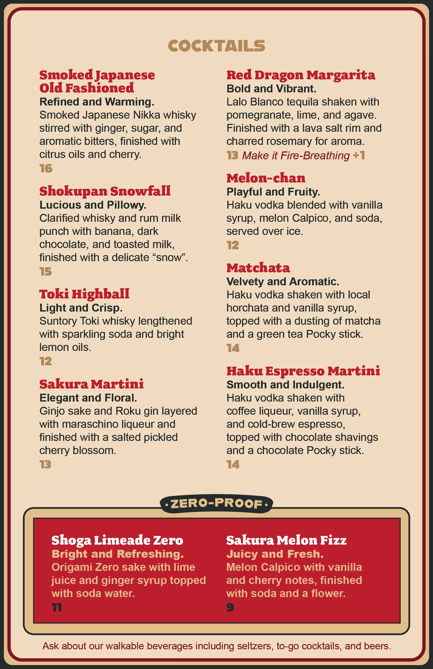 Cocktail menu featuring a variety of drinks at Haji Moto restaurant.