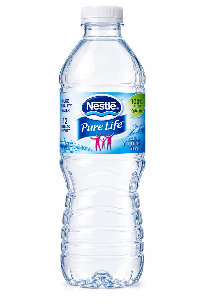 A clear plastic bottle of Nestlé Pure Life water, showcasing its purity and quality.
