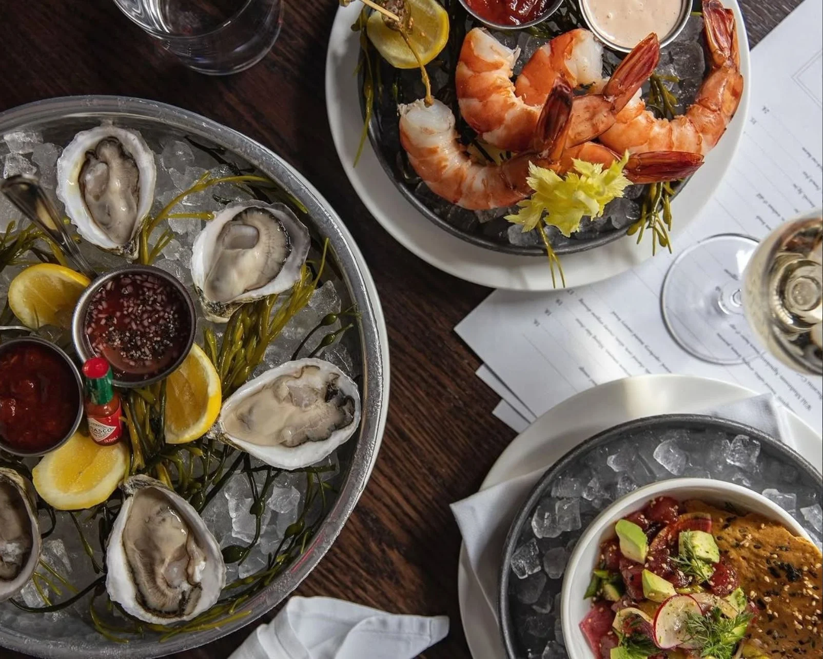 Seafood platter featuring oysters and shrimp cocktail