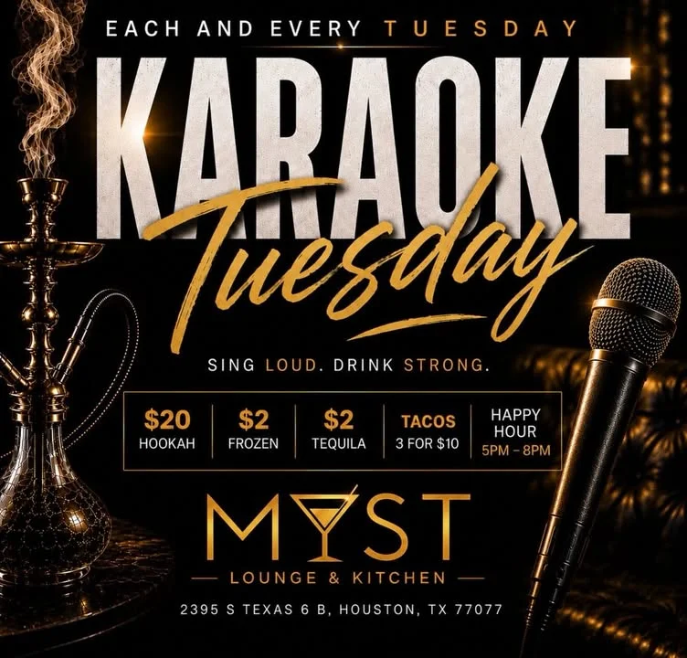 An advertisement for Karaoke Tuesdays at a lounge, listing drink specials and a lively atmosphere.