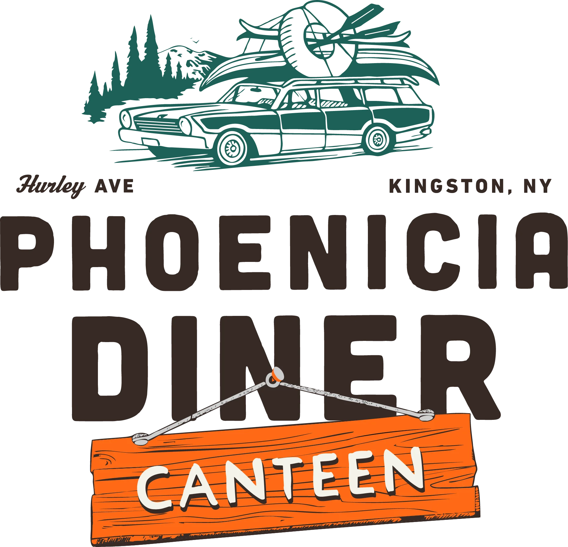 Phoenicia Diner sign in Kingston, NY with vintage car and outdoor theme
