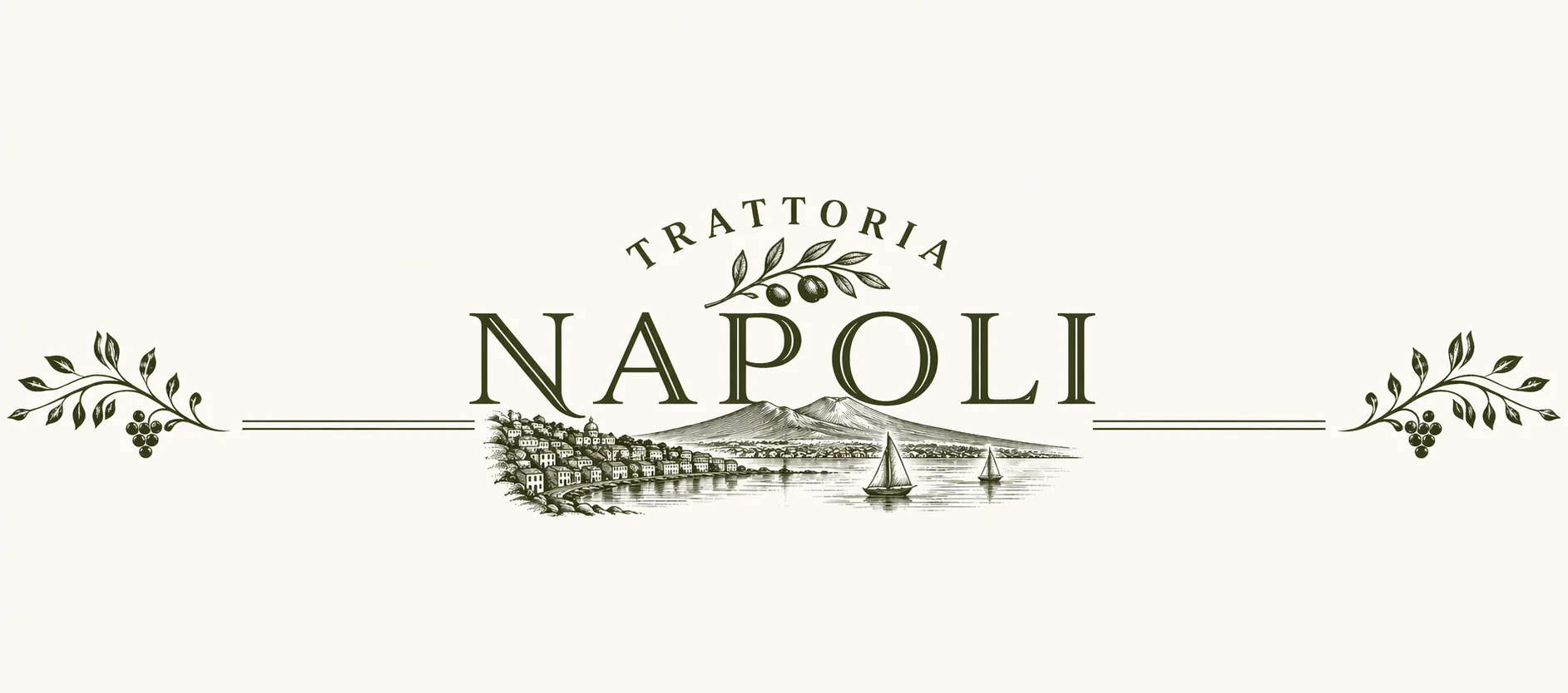 Trattoria Napoli logo featuring Mount Vesuvius and coastal scenery