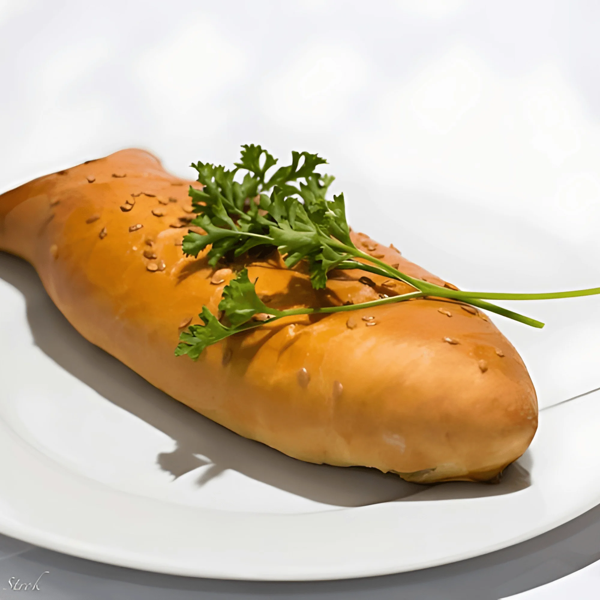 Savory calzone with herbs on a white plate