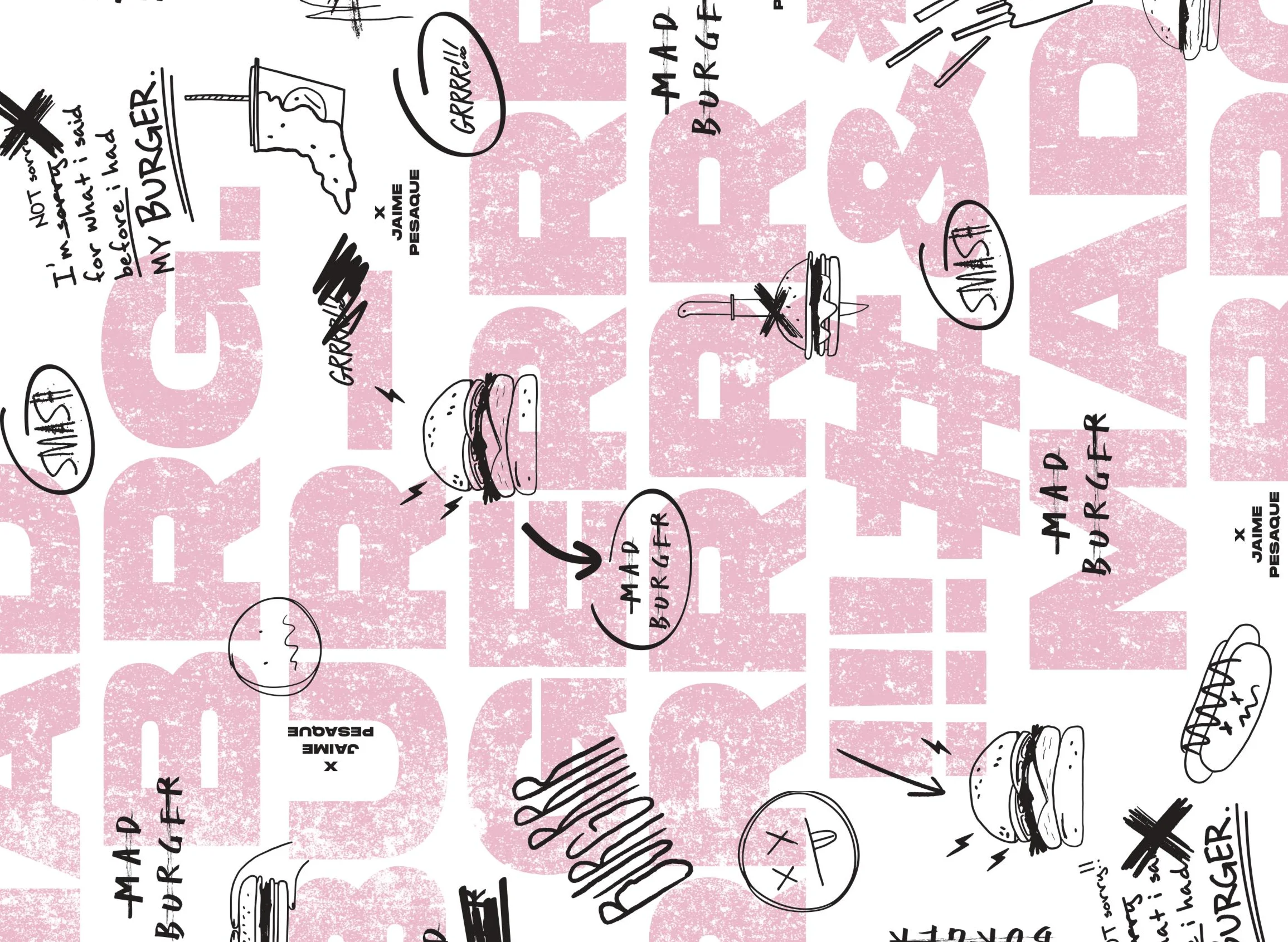Playful burger-themed graphic design with doodles and text