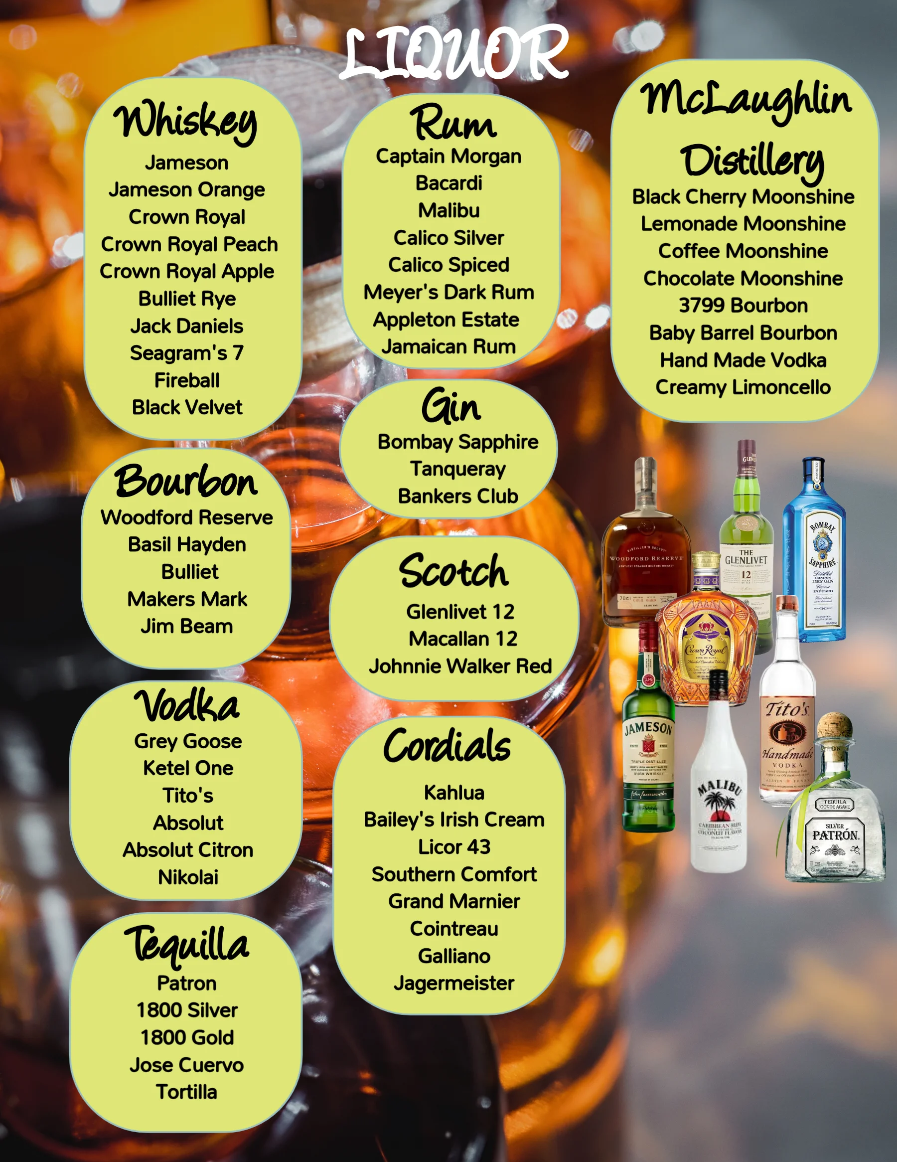 Variety of liquors displayed on a bar counter with warm lighting