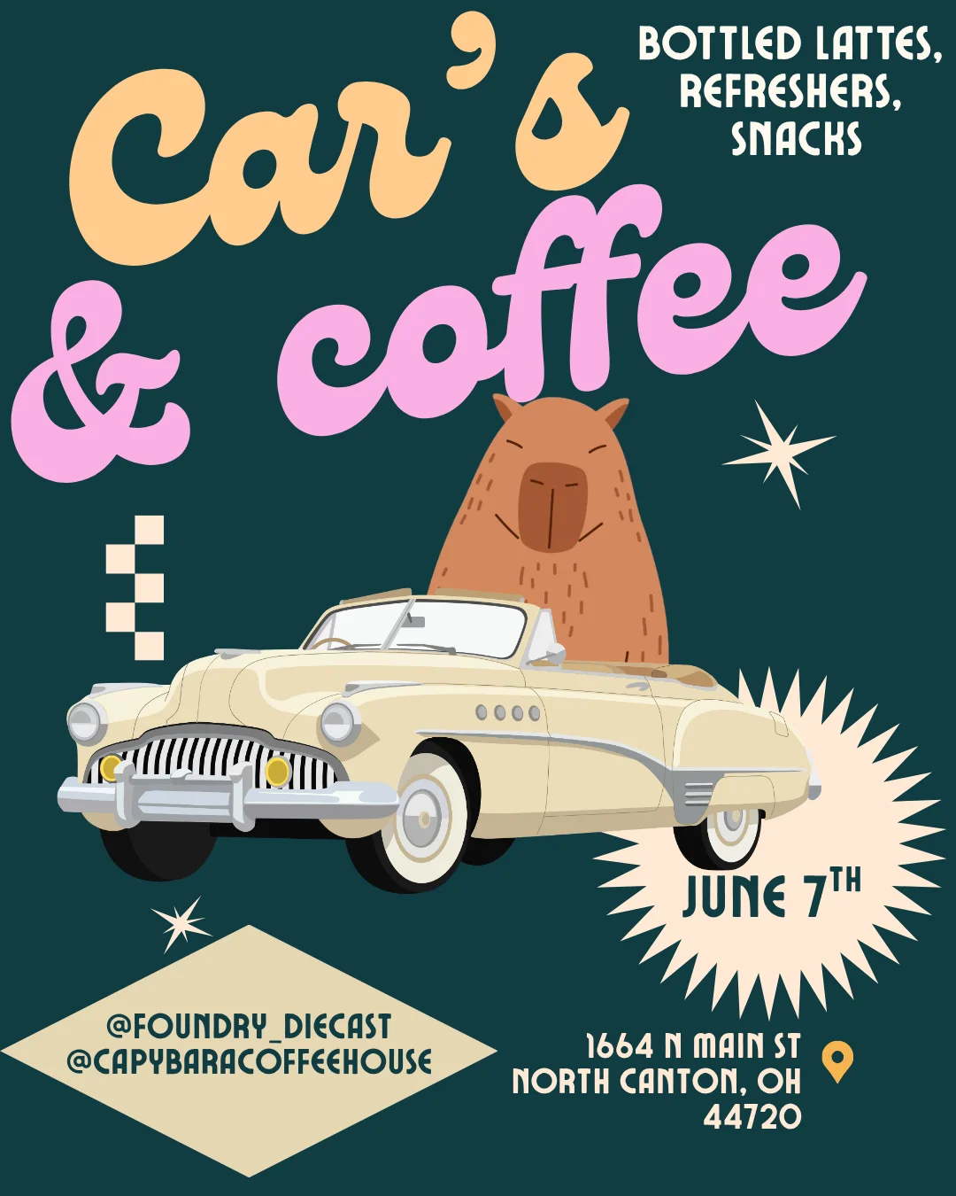 Promotional poster for Car's & Coffee event featuring a vintage car and snacks