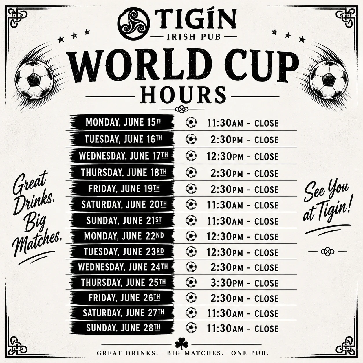 Tigín Irish Pub World Cup hours schedule