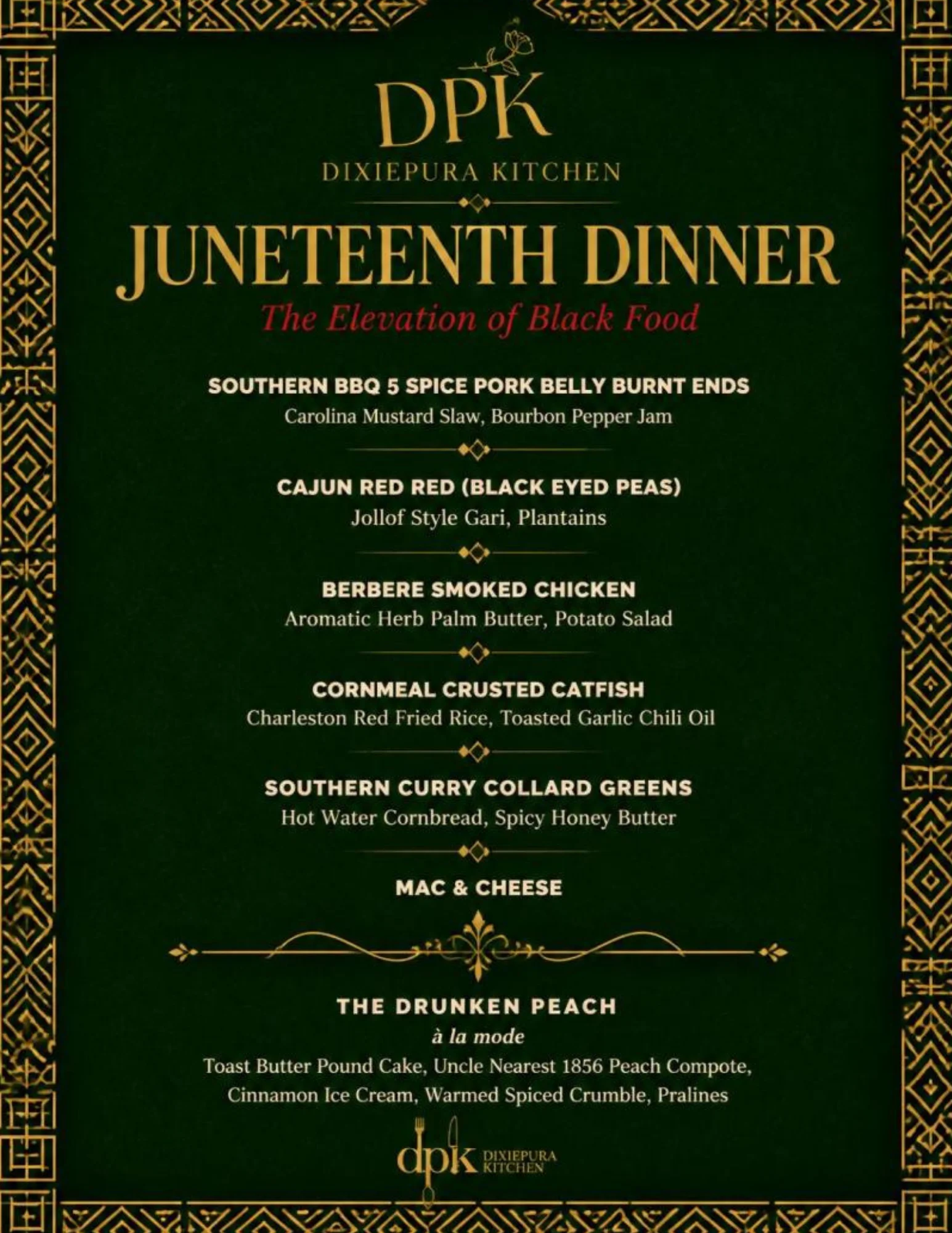 Dinner menu featuring Baba Ghanoush, Maqluba, and Kanafeh.