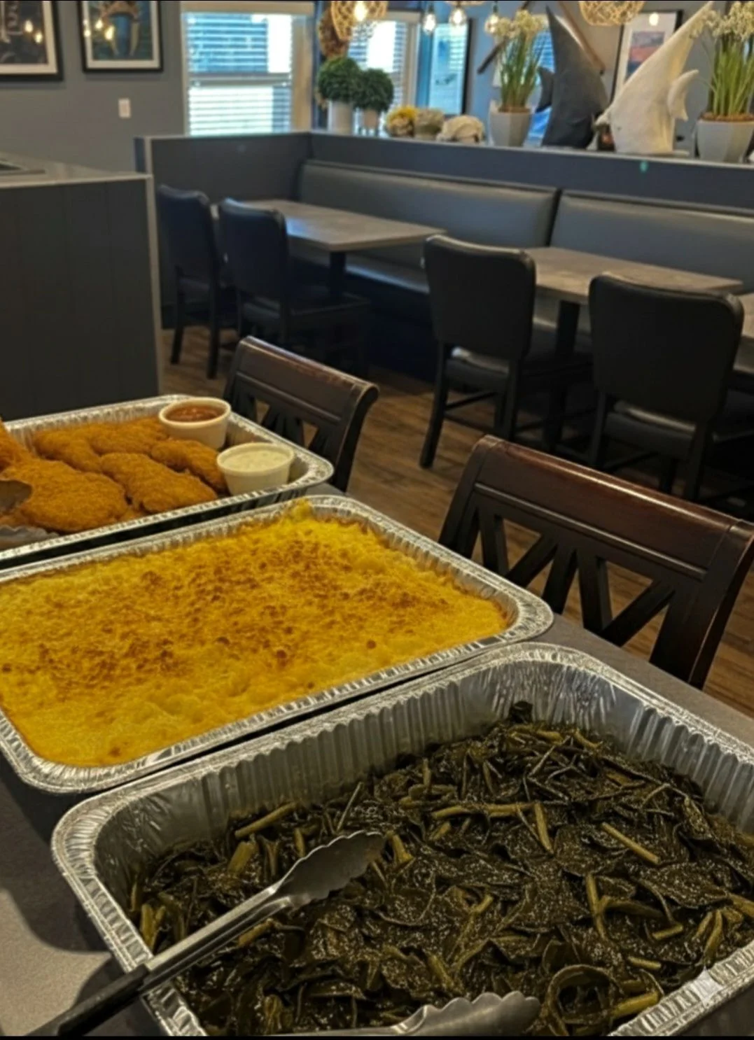 Southern-style fried catfish with collard greens and cornbread