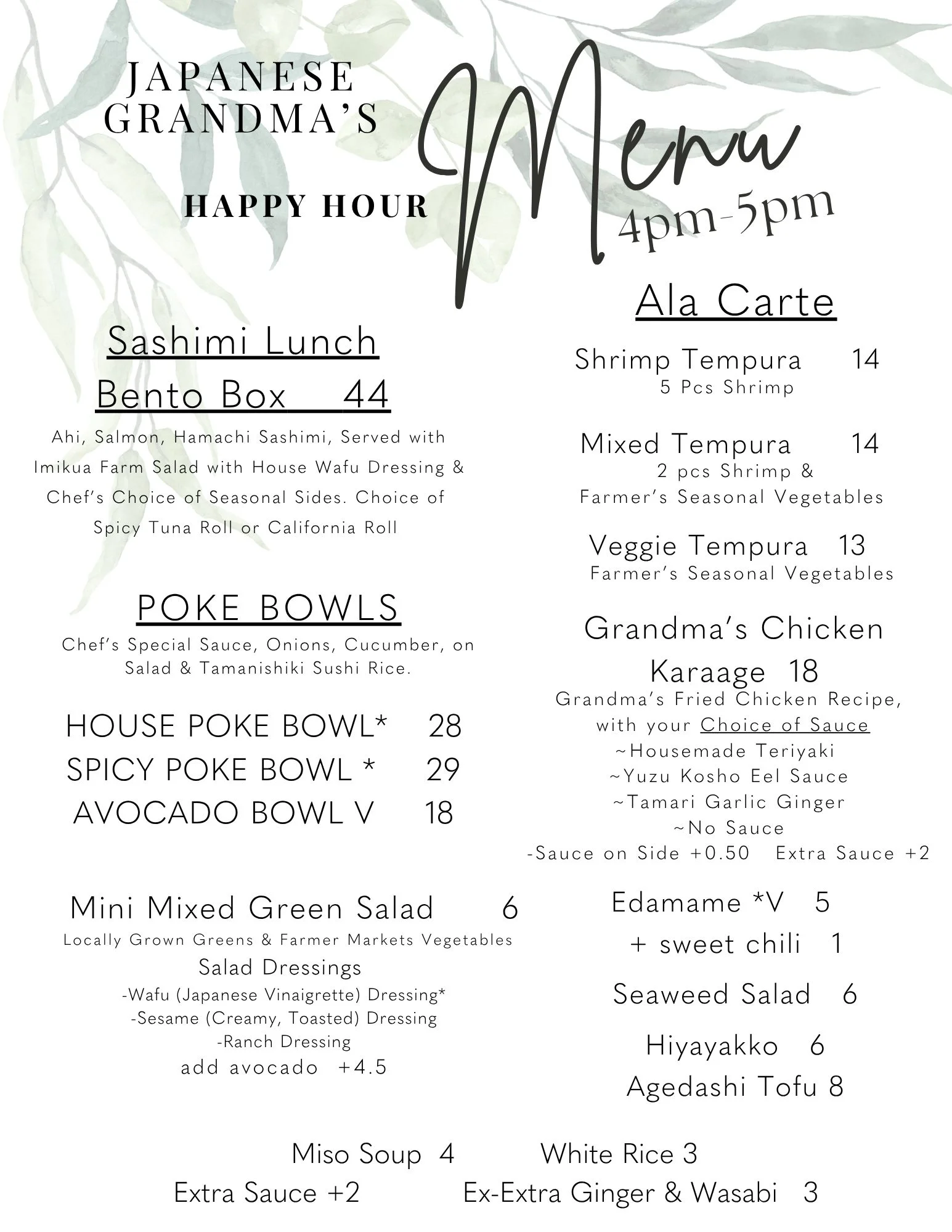 Menu for Japanese Grandma's Happy Hour featuring various dishes and prices.
