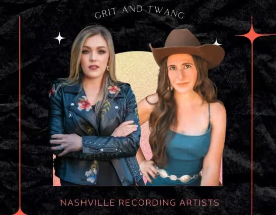 Two Nashville recording artists posing confidently in stylish outfits