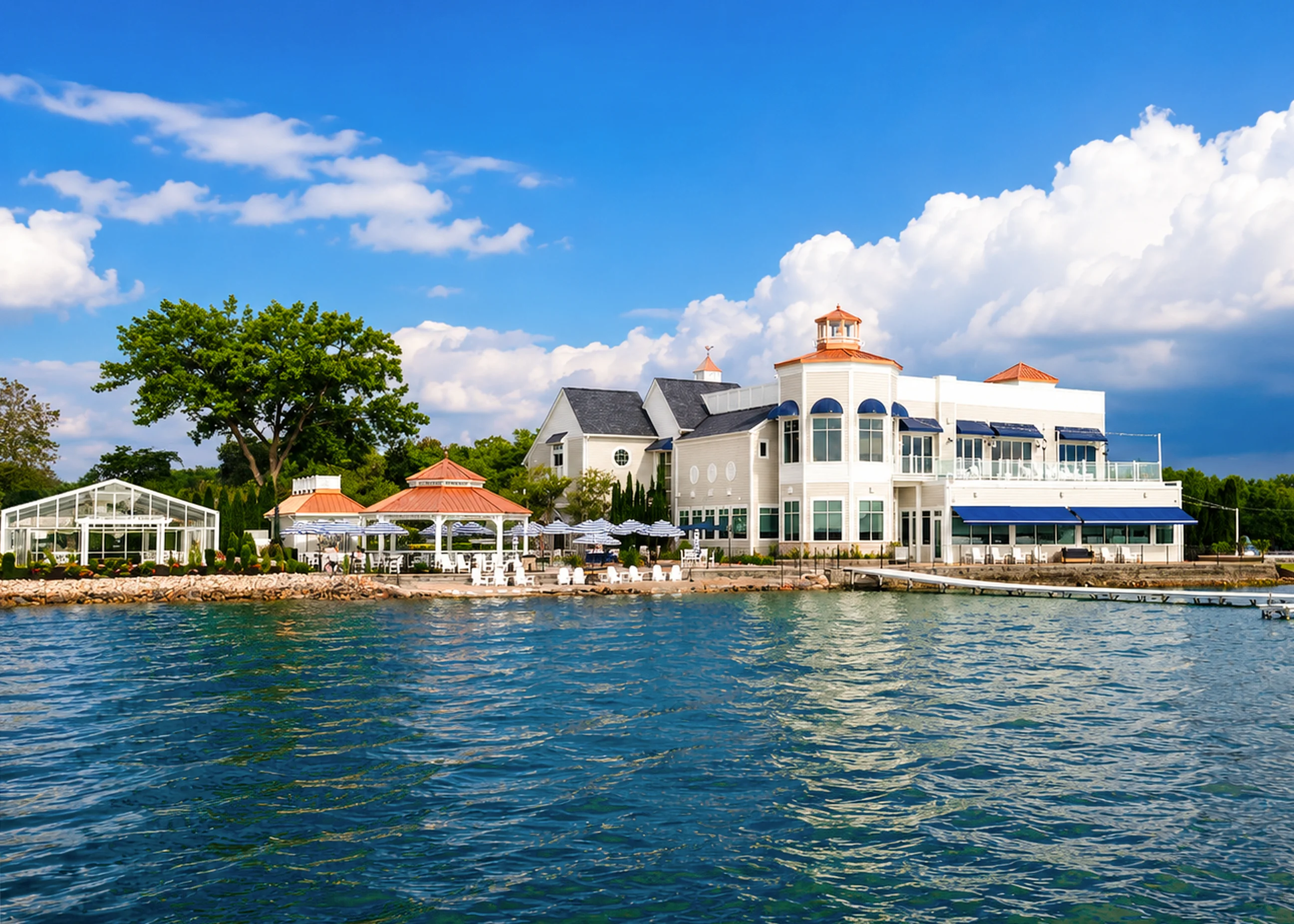 Scenic waterfront restaurant with outdoor seating