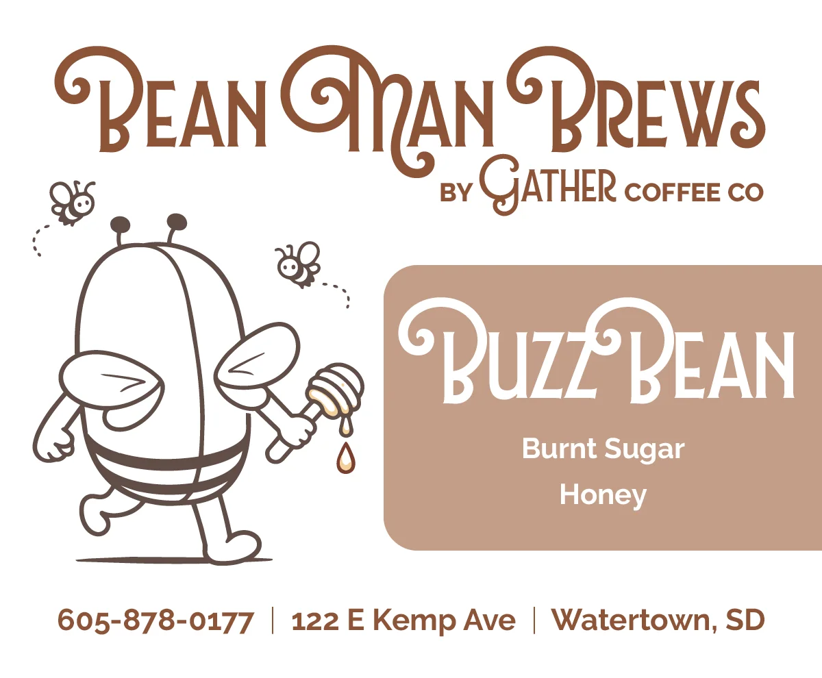 Logo for Bean Man Brews featuring Buzz Bean coffee drink