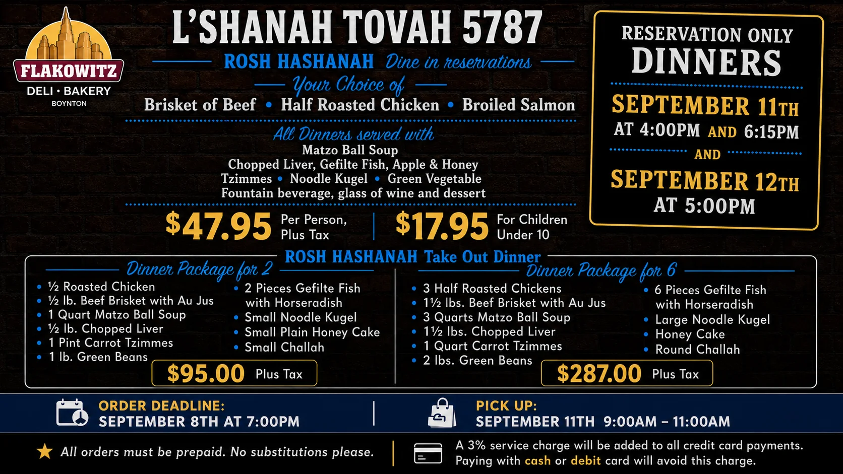 Rosh Hashanah dinner menu at Flakowitz Deli featuring traditional Jewish dishes