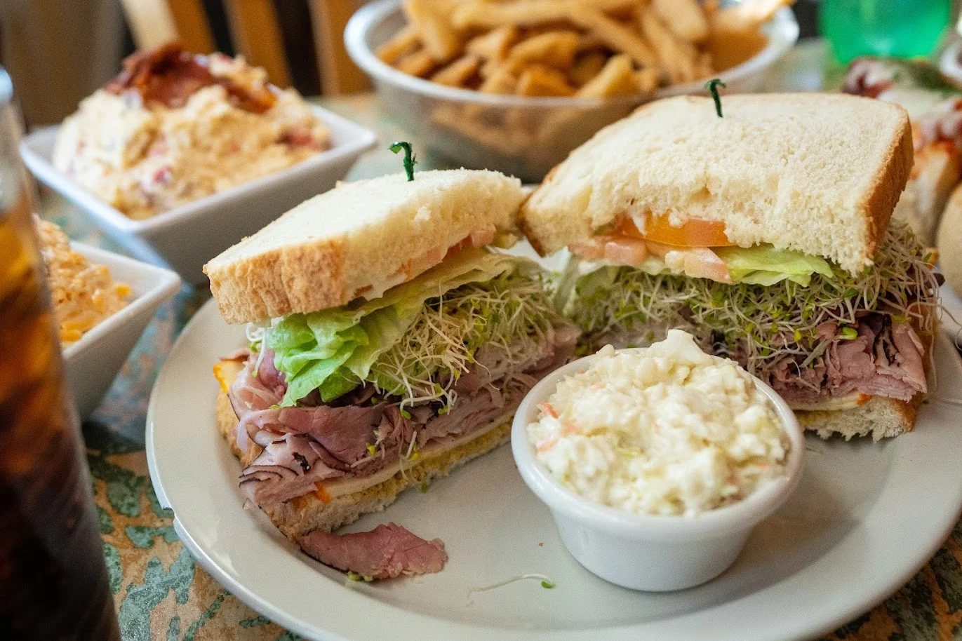 Classic deli sandwich with roast beef and sprouts