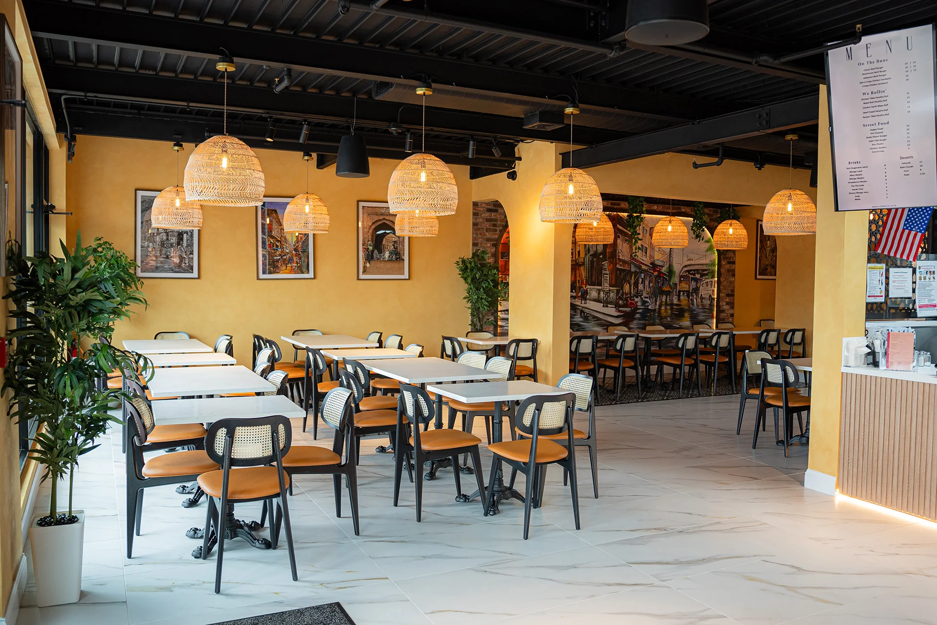 Cozy restaurant interior with warm lighting and modern decor