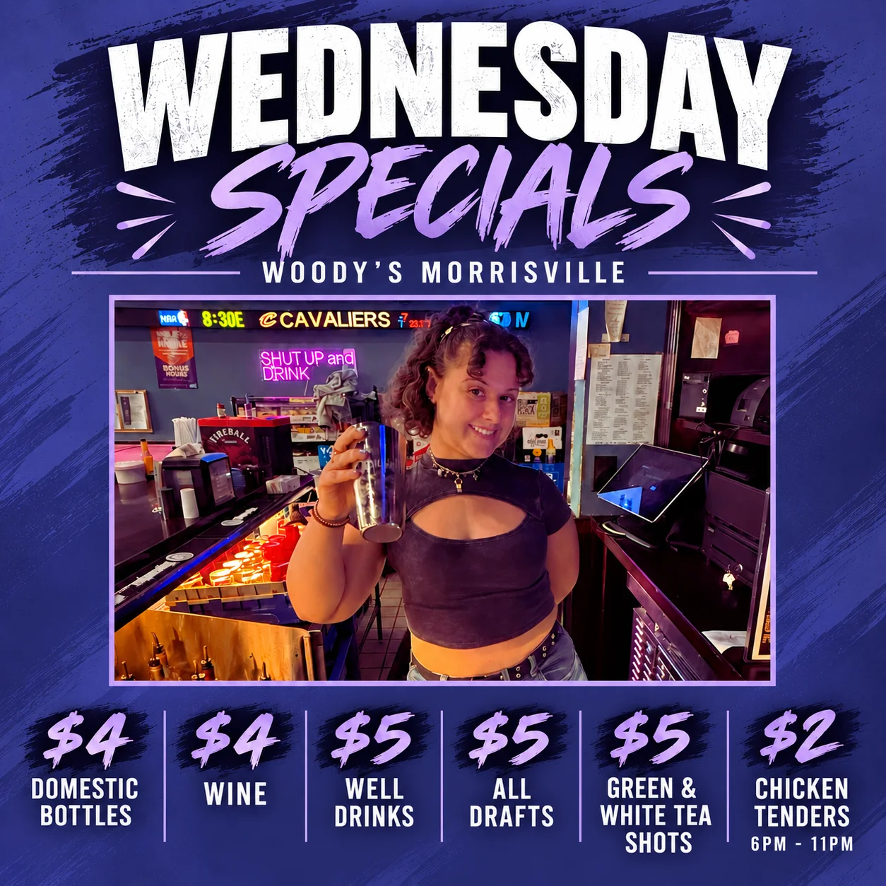 Bartender showcasing drink specials at Woody's Morrisville bar