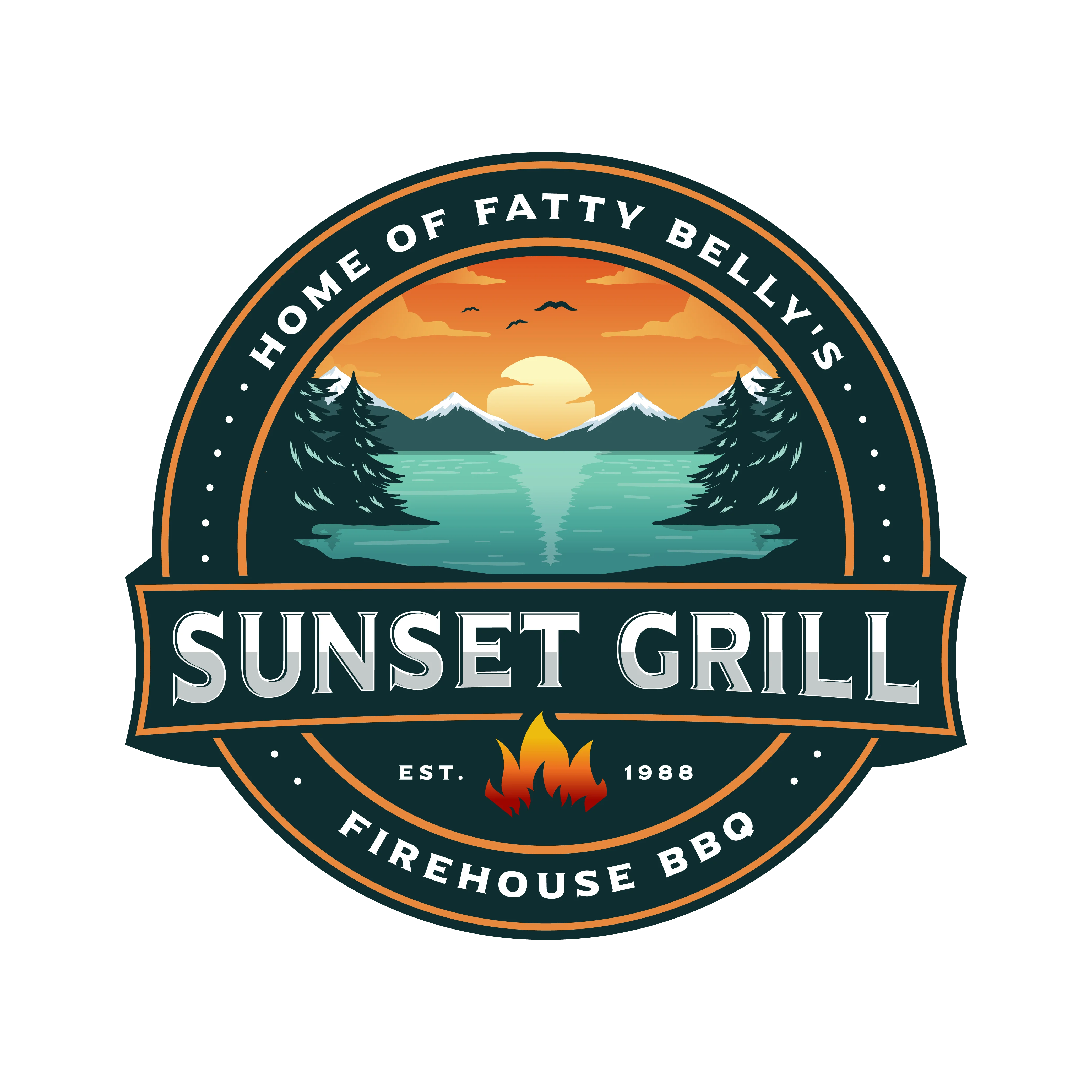 Logo of Sunset Grill featuring a sunset and mountain scenery