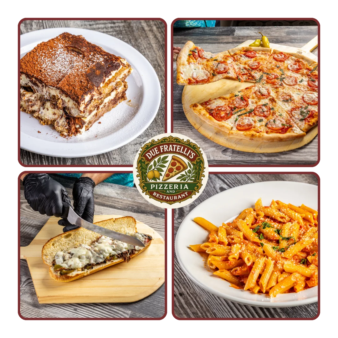 Delicious Italian tiramisu and pizza from a pizzeria