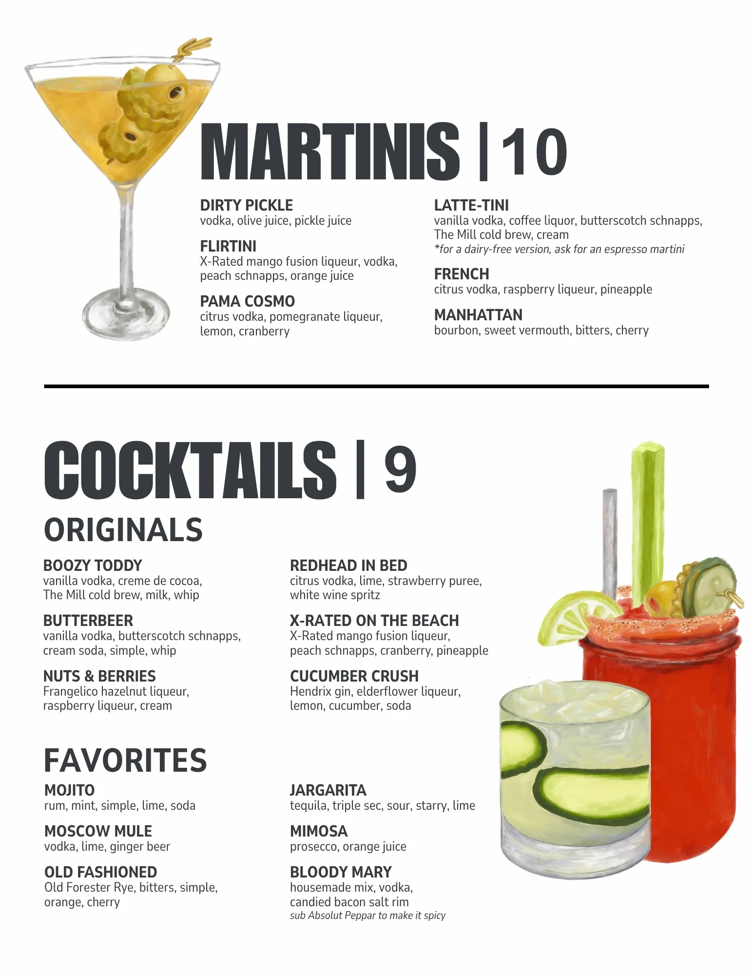 Cocktail menu featuring martinis and creative drinks