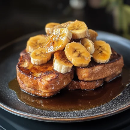 Best French toast at Seagrass Grille, a top-rated breakfast and brunch restaurant in Hilton Head Island, SC, drizzled with warm syrup and fresh sliced bananas.