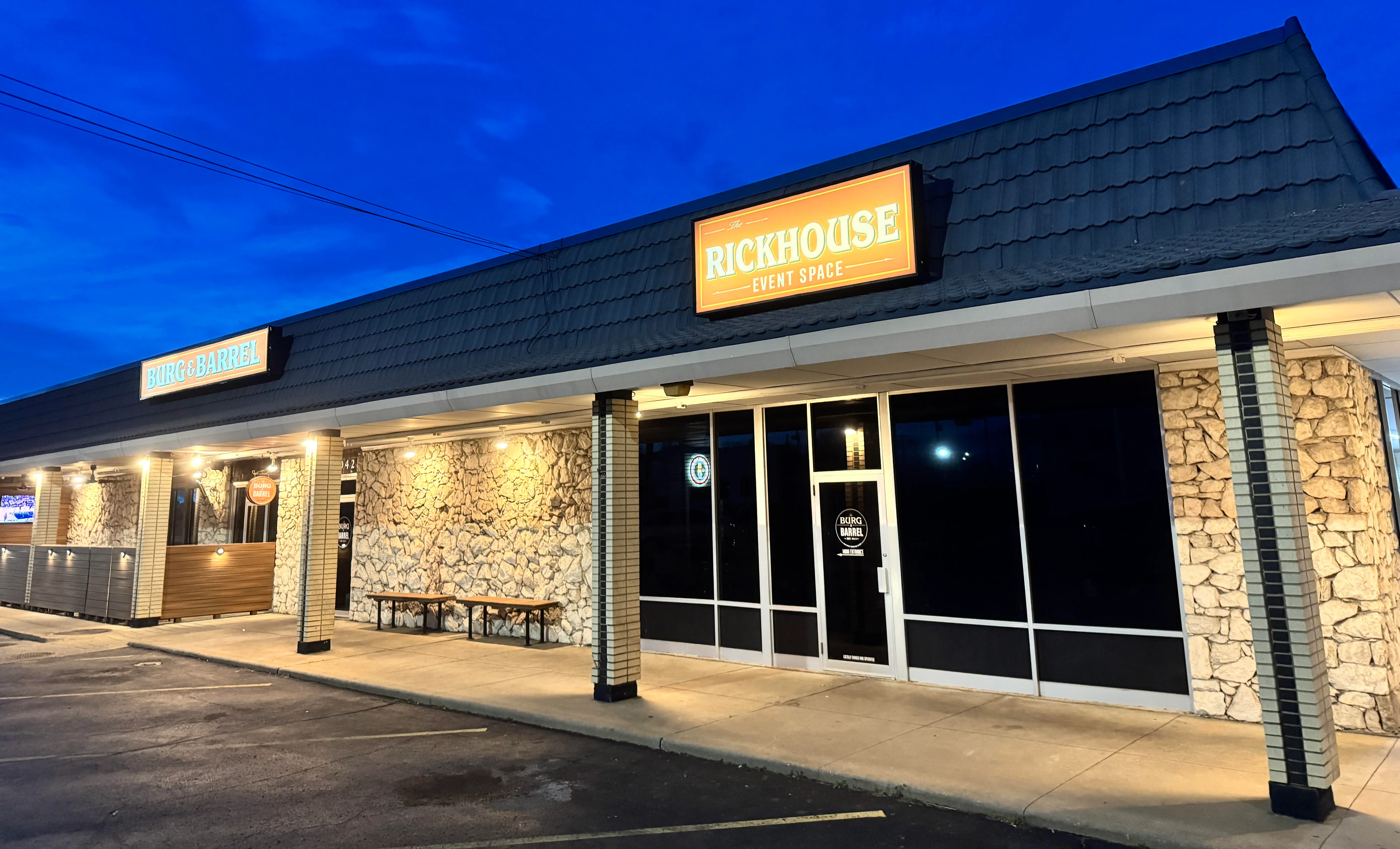 Exterior view of Rickhouse Event Space at dusk
