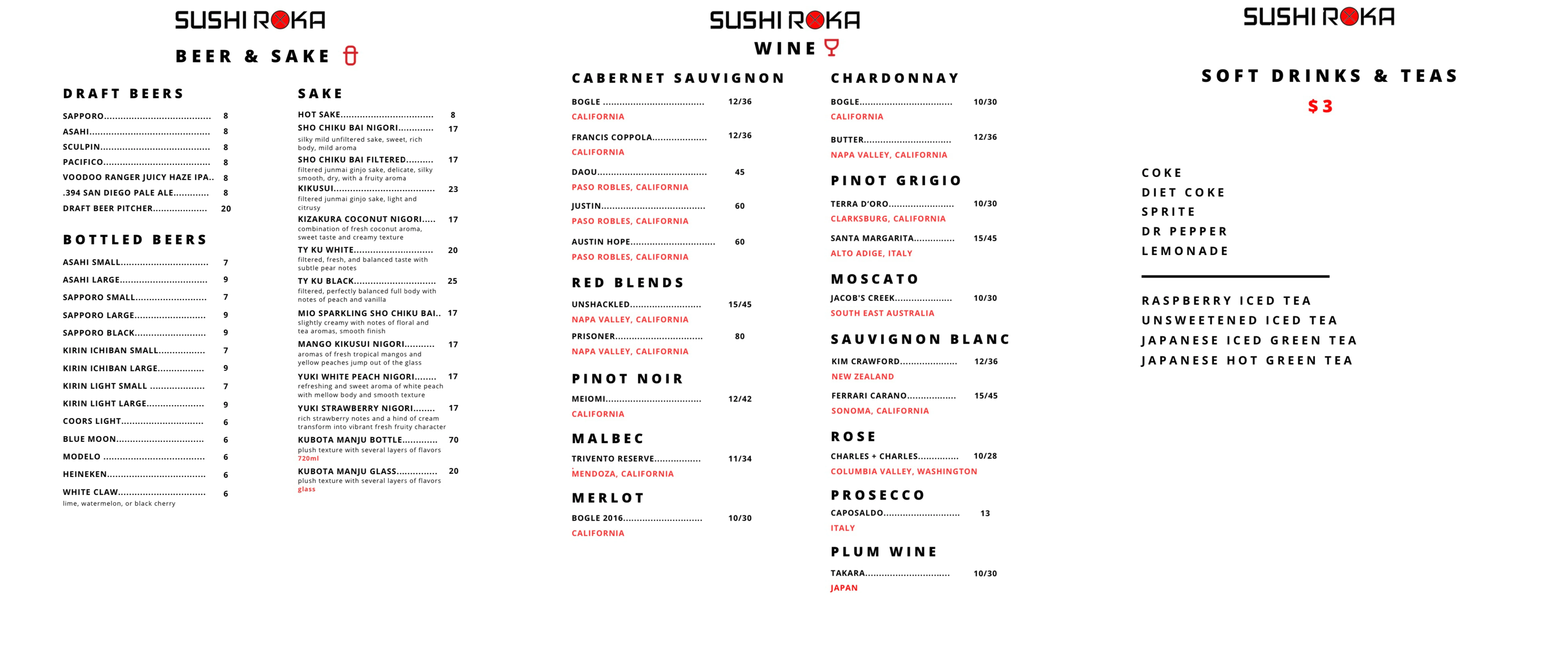 Comprehensive drink menu featuring Japanese sake and global wines