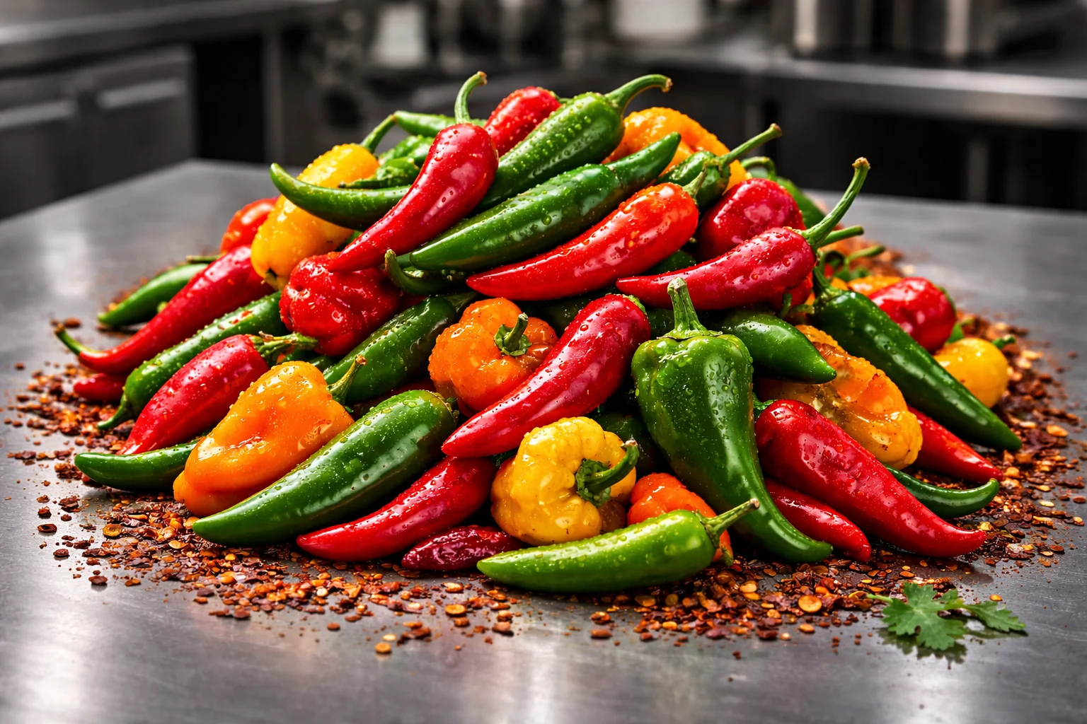 Colorful assortment of fresh chili peppers for spicy dishes