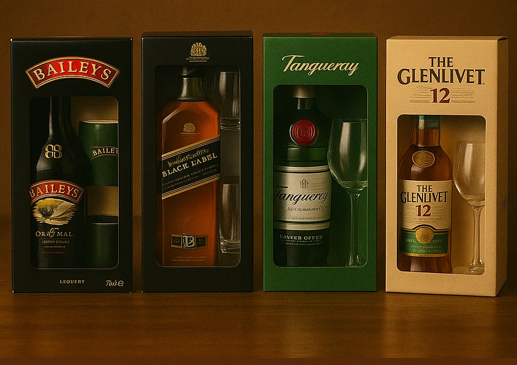 Assorted liquor gift sets featuring popular brands