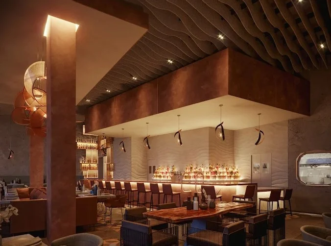 Stylish restaurant interior with modern decor and bar area