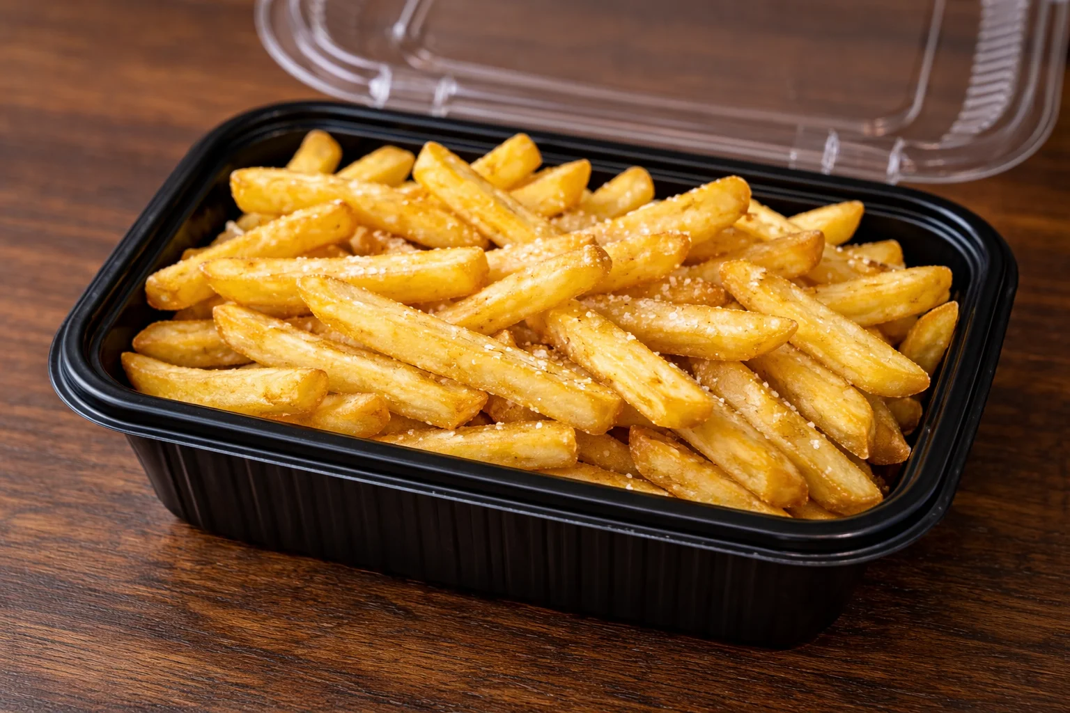 A container filled with golden, crispy French fries, lightly sprinkled with seasoning.