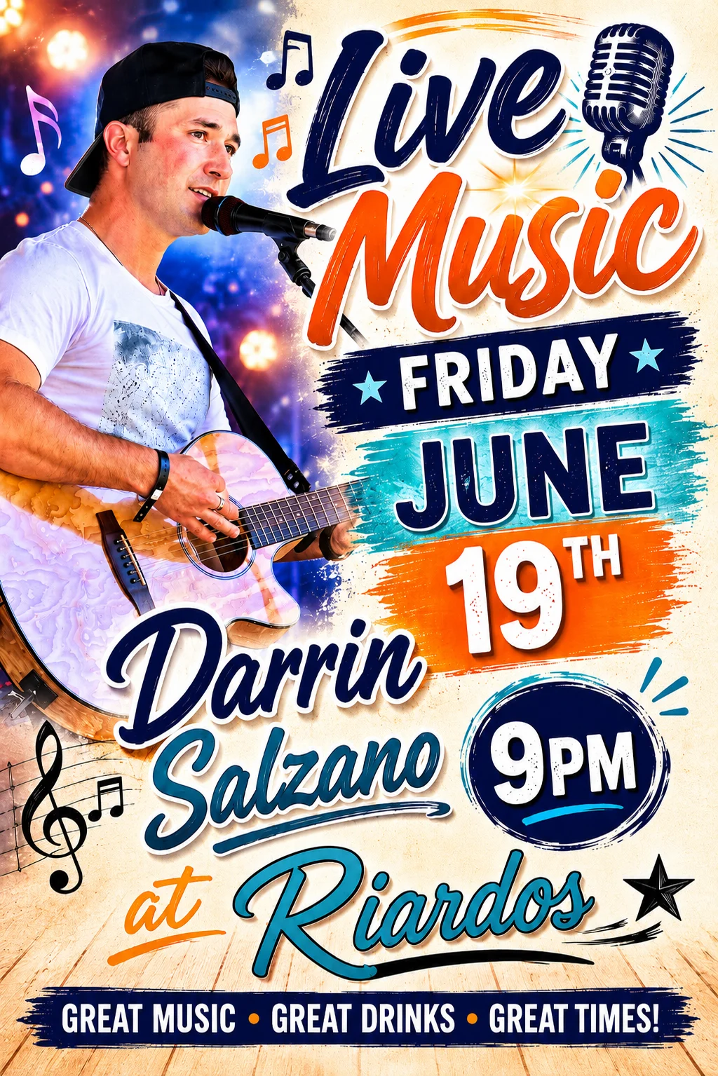 Live music event at Riardos featuring a singer with a guitar