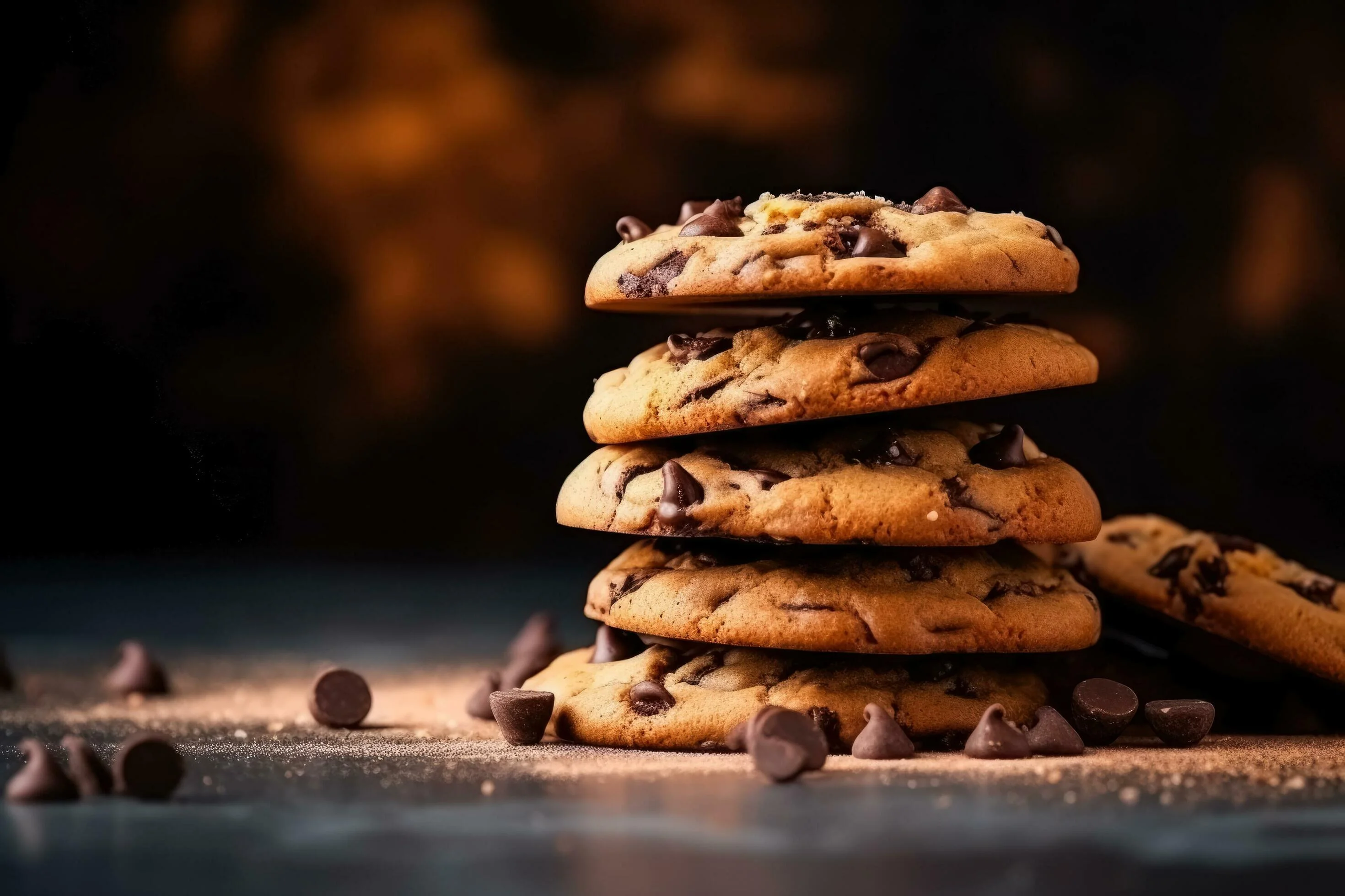 Delicious chocolate chip cookies on a dark background with space for text.