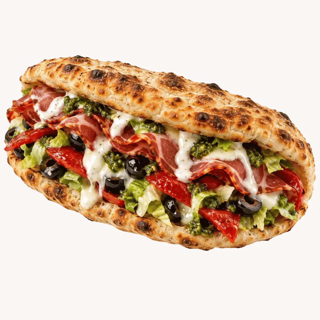 Italian panino with prosciutto, burrata, and roasted peppers